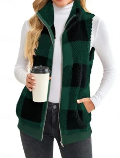 Women's Fleece Jacket Fleece Vest Teddy Coat Warm Breathable Zipper Pocket Fleece Lined Casual Plaid Vacation Street Daily Wear Going out Zipper Regular Stand Collar Regular Fit Sleeveless Outerwear
