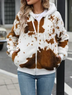Women's Fleece Jacket Teddy Coat Hoodie Jacket Warm Breathable Zipper Pocket Fleece Lined Casual Cow Print Vacation Street Daily Wear Going out Zipper Regular Hoodie Regular Fit Long Sleeve Outerwear