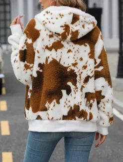 Women's Fleece Jacket Teddy Coat Hoodie Jacket Warm Breathable Zipper Pocket Fleece Lined Casual Cow Print Vacation Street Daily Wear Going out Zipper Regular Hoodie Regular Fit Long Sleeve Outerwear