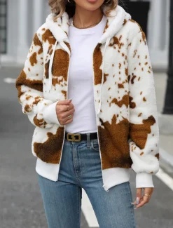 Women's Fleece Jacket Teddy Coat Hoodie Jacket Warm Breathable Zipper Pocket Fleece Lined Casual Cow Print Vacation Street Daily Wear Going out Zipper Regular Hoodie Regular Fit Long Sleeve Outerwear