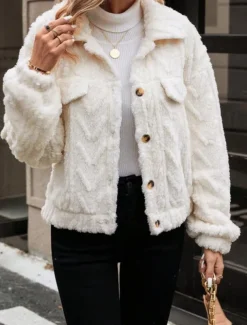 Women's Fleece Jacket Teddy Coat Warm Breathable Buttons Pocket Casual Plain Vacation Street Daily Wear Going out Single Breasted Regular Turndown Regular Fit Long Sleeve Outerwear White Fall Winter