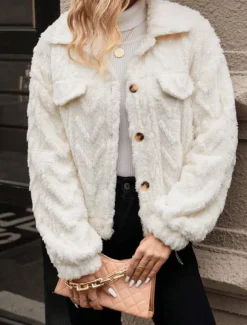 Women's Fleece Jacket Teddy Coat Warm Breathable Buttons Pocket Casual Plain Vacation Street Daily Wear Going out Single Breasted Regular Turndown Regular Fit Long Sleeve Outerwear White Fall Winter