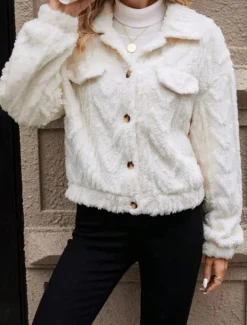 Women's Fleece Jacket Teddy Coat Warm Breathable Buttons Pocket Casual Plain Vacation Street Daily Wear Going out Single Breasted Regular Turndown Regular Fit Long Sleeve Outerwear White Fall Winter