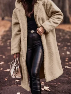 Women's Fleece Jacket Teddy Coat Hoodie Jacket Warm Breathable Buttons Pocket Fleece Lined Casual Plain Vacation Street Daily Wear Going out Single Breasted Long Hoodie Regular Fit Long Sleeve