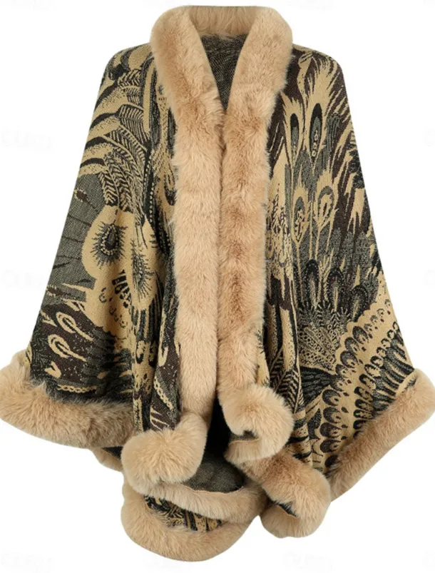 Women's Fleece Jacket Teddy Coat Cloak / Capes Warm Breathable Patchwork Faux Fur Trim Fleece Lined Casual Color Block Vacation Street Daily Wear Going out Open Front Regular Collarless Regular Fit