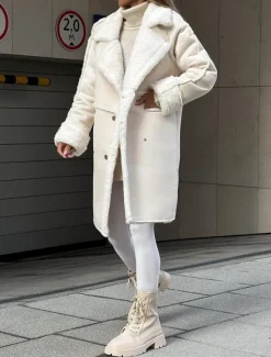 Women's Fleece Jacket Teddy Coat Warm Breathable Pocket Fleece Lined Casual Plain Vacation Street Daily Wear Going out Single Breasted Regular Turndown Regular Fit Long Sleeve Outerwear White Khaki