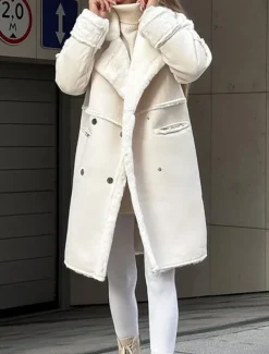 Women's Fleece Jacket Teddy Coat Warm Breathable Pocket Fleece Lined Casual Plain Vacation Street Daily Wear Going out Single Breasted Regular Turndown Regular Fit Long Sleeve Outerwear White Khaki