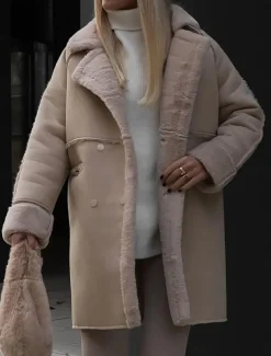 Women's Fleece Jacket Teddy Coat Warm Breathable Pocket Fleece Lined Casual Plain Vacation Street Daily Wear Going out Single Breasted Regular Turndown Regular Fit Long Sleeve Outerwear White Khaki