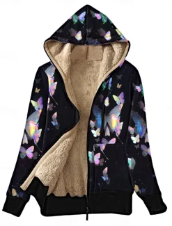Women's Fleece Jacket Teddy Coat Hoodie Jacket Warm Breathable Zipper Pocket Fleece Lined Casual Butterfly Vacation Street Daily Wear Going out Zipper Regular Hoodie Regular Fit Long Sleeve Outerwear