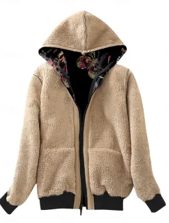 Women's Fleece Jacket Teddy Coat Hoodie Jacket Warm Breathable Zipper Pocket Fleece Lined Casual Butterfly Vacation Street Daily Wear Going out Zipper Regular Hoodie Regular Fit Long Sleeve Outerwear