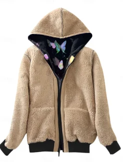 Women's Fleece Jacket Teddy Coat Hoodie Jacket Warm Breathable Zipper Pocket Fleece Lined Casual Butterfly Vacation Street Daily Wear Going out Zipper Regular Hoodie Regular Fit Long Sleeve Outerwear