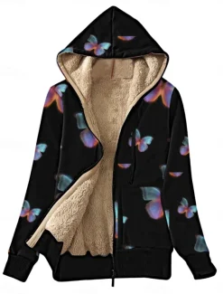 Women's Fleece Jacket Teddy Coat Hoodie Jacket Warm Breathable Zipper Pocket Fleece Lined Casual Butterfly Vacation Street Daily Wear Going out Zipper Regular Hoodie Regular Fit Long Sleeve Outerwear
