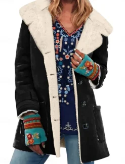 Women's Fleece Jacket Teddy Coat Warm Breathable Buttons Pocket Fleece Lined Casual Plain Vacation Street Daily Wear Going out Single Breasted Regular Turndown Regular Fit Long Sleeve Outerwear Black