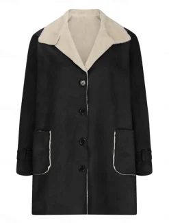 Women's Fleece Jacket Teddy Coat Warm Breathable Buttons Pocket Fleece Lined Casual Plain Vacation Street Daily Wear Going out Single Breasted Regular Turndown Regular Fit Long Sleeve Outerwear Black