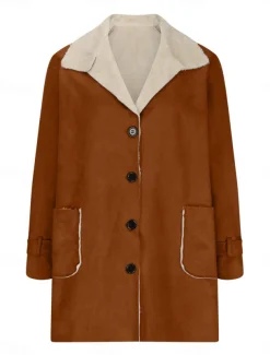 Women's Fleece Jacket Teddy Coat Warm Breathable Buttons Pocket Fleece Lined Casual Plain Vacation Street Daily Wear Going out Single Breasted Regular Turndown Regular Fit Long Sleeve Outerwear Black