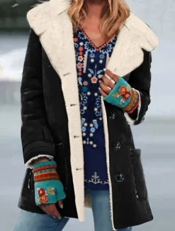 Women's Fleece Jacket Teddy Coat Warm Breathable Buttons Pocket Fleece Lined Casual Plain Vacation Street Daily Wear Going out Single Breasted Regular Turndown Regular Fit Long Sleeve Outerwear Black