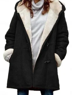 Women's Fleece Jacket Teddy Coat Warm Breathable Pocket Fleece Lined Casual Plain Vacation Street Daily Wear Going out Single Breasted Regular Hoodie Regular Fit Long Sleeve Outerwear Black Brown