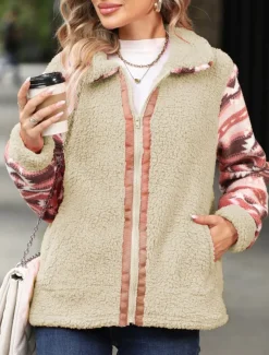 Women's Fleece Jacket Teddy Coat Hoodie Jacket Warm Breathable Zipper Pocket Fleece Lined Vintage Casual Geometric Vacation Street Daily Wear Going out Zipper Regular Turndown Regular Fit Long Sleeve