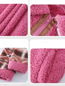 Women's Fleece Jacket Teddy Coat Hoodie Jacket Warm Breathable Zipper Pocket Fleece Lined Vintage Casual Geometric Vacation Street Daily Wear Going out Zipper Regular Turndown Regular Fit Long Sleeve