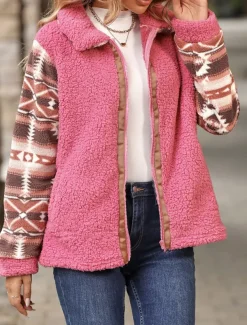 Women's Fleece Jacket Teddy Coat Hoodie Jacket Warm Breathable Zipper Pocket Fleece Lined Vintage Casual Geometric Vacation Street Daily Wear Going out Zipper Regular Turndown Regular Fit Long Sleeve