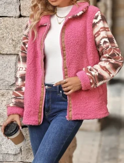 Women's Fleece Jacket Teddy Coat Hoodie Jacket Warm Breathable Zipper Pocket Fleece Lined Vintage Casual Geometric Vacation Street Daily Wear Going out Zipper Regular Turndown Regular Fit Long Sleeve