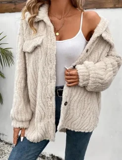 Women's Fleece Jacket Teddy Coat Warm Breathable Buttons Pocket Casual Plain Vacation Street Daily Wear Going out Single Breasted Regular Turndown Regular Fit Long Sleeve Outerwear Apricot Fall Winter