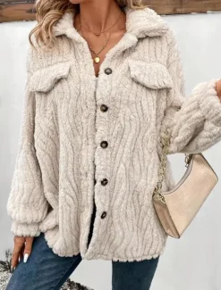 Women's Fleece Jacket Teddy Coat Warm Breathable Buttons Pocket Casual Plain Vacation Street Daily Wear Going out Single Breasted Regular Turndown Regular Fit Long Sleeve Outerwear Apricot Fall Winter