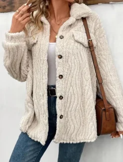 Women's Fleece Jacket Teddy Coat Warm Breathable Buttons Pocket Casual Plain Vacation Street Daily Wear Going out Single Breasted Regular Turndown Regular Fit Long Sleeve Outerwear Apricot Fall Winter