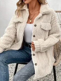 Women's Fleece Jacket Teddy Coat Warm Breathable Buttons Pocket Casual Plain Vacation Street Daily Wear Going out Single Breasted Regular Turndown Regular Fit Long Sleeve Outerwear Apricot Fall Winter