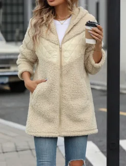 Women's Fleece Jacket Teddy Coat Hoodie Jacket Warm Breathable Zipper Pocket Fleece Lined Casual Plain Vacation Street Daily Wear Going out Zipper Regular Hoodie Regular Fit Long Sleeve Outerwear