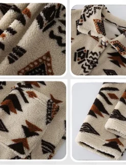 Women's Fleece Jacket Teddy Coat Warm Breathable Buttons Pocket Fleece Lined Vintage Casual Geometric Vacation Street Daily Wear Going out Single Breasted Long Turndown Regular Fit Long Sleeve