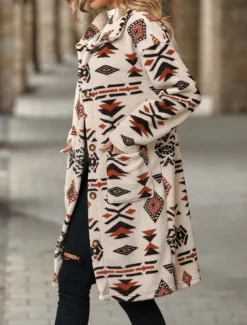 Women's Fleece Jacket Teddy Coat Warm Breathable Buttons Pocket Fleece Lined Vintage Casual Geometric Vacation Street Daily Wear Going out Single Breasted Long Turndown Regular Fit Long Sleeve