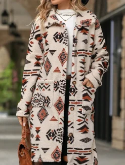 Women's Fleece Jacket Teddy Coat Warm Breathable Buttons Pocket Fleece Lined Vintage Casual Geometric Vacation Street Daily Wear Going out Single Breasted Long Turndown Regular Fit Long Sleeve