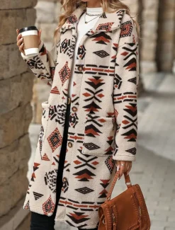 Women's Fleece Jacket Teddy Coat Warm Breathable Buttons Pocket Fleece Lined Vintage Casual Geometric Vacation Street Daily Wear Going out Single Breasted Long Turndown Regular Fit Long Sleeve