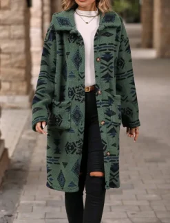 Women's Fleece Jacket Teddy Coat Warm Breathable Buttons Pocket Fleece Lined Vintage Casual Geometric Vacation Street Daily Wear Going out Single Breasted Long Turndown Regular Fit Long Sleeve