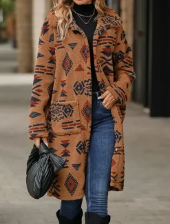 Women's Fleece Jacket Teddy Coat Warm Breathable Buttons Pocket Fleece Lined Vintage Casual Geometric Vacation Street Daily Wear Going out Single Breasted Long Turndown Regular Fit Long Sleeve