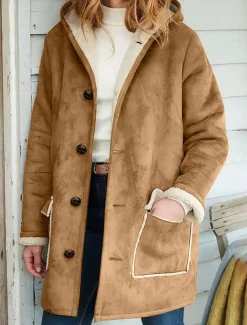 Women's Fleece Jacket Teddy Coat Warm Breathable Buttons Pocket Fleece Lined Casual Plain Vacation Street Daily Wear Going out Zipper Long Hoodie Regular Fit Long Sleeve Outerwear Brown Khaki Gray