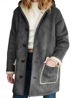 Women's Fleece Jacket Teddy Coat Warm Breathable Buttons Pocket Fleece Lined Casual Plain Vacation Street Daily Wear Going out Zipper Long Hoodie Regular Fit Long Sleeve Outerwear Brown Khaki Gray