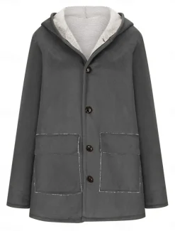 Women's Fleece Jacket Teddy Coat Warm Breathable Buttons Pocket Fleece Lined Casual Plain Vacation Street Daily Wear Going out Zipper Long Hoodie Regular Fit Long Sleeve Outerwear Brown Khaki Gray