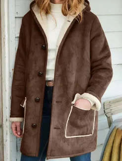 Women's Fleece Jacket Teddy Coat Warm Breathable Buttons Pocket Fleece Lined Casual Plain Vacation Street Daily Wear Going out Zipper Long Hoodie Regular Fit Long Sleeve Outerwear Brown Khaki Gray