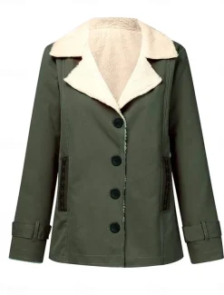 Women's Fleece Jacket Teddy Coat Warm Breathable Zipper Pocket Fleece Lined Casual Plain Vacation Street Daily Wear Going out Single Breasted Regular Turndown Regular Fit Long Sleeve Outerwear Black