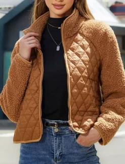 Women's Fleece Jacket Warm Zipper Fashion Modern Casual Plain Work Daily Wear Zipper Short Stand Collar Loose Fit Long Sleeve Outerwear Black White Red Fall Winter