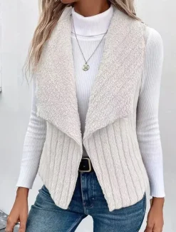 Women's Fleece Vest Warm Breathable Fleece Lined Casual Plain Vacation Street Daily Wear Going out Open Front Regular Turndown Regular Fit Sleeveless Outerwear White Khaki Gray Fall Winter