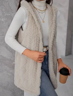 Women's Fleece Vest Warm Breathable Fleece Lined Casual Plain Vacation Street Daily Wear Going out Open Front Regular Hoodie Regular Fit Sleeveless Outerwear Apricot Fall Winter