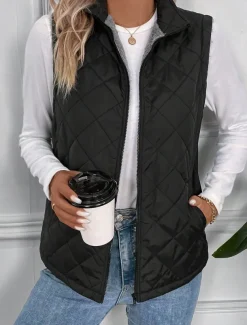 Women's Fleece Vest Warm Breathable Zipper Pocket Fleece Lined Casual Plain Vacation Street Daily Wear Going out Zipper Regular Stand Collar Regular Fit Sleeveless Outerwear Black Fall Winter
