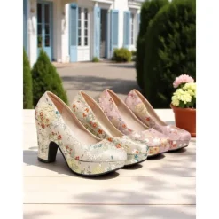 Women's Floral - Printed Platform Block Heel Pumps – 1950s Vintage - Inspired Elegant Shoes for Party & Wedding Occasions