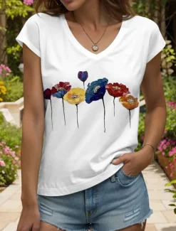 Women's Floral Camisole Tank Top Vintage Stylish Classic Sleeveless Short Sleeve V Neck Regular Tops Daily Print Black White Yellow Pink Blue Summer Spring