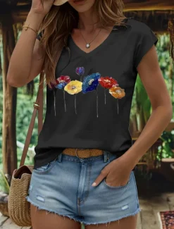 Women's Floral Camisole Tank Top Vintage Stylish Classic Sleeveless Short Sleeve V Neck Regular Tops Daily Print Black White Yellow Pink Blue Summer Spring