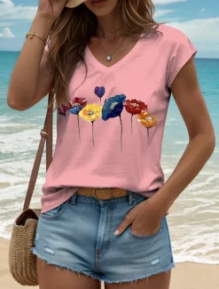 Women's Floral Camisole Tank Top Vintage Stylish Classic Sleeveless Short Sleeve V Neck Regular Tops Daily Print Black White Yellow Pink Blue Summer Spring