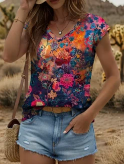 Women's Floral Camisole Tank Top Graphic Plants Vintage Stylish Classic Sleeveless Short Sleeve V Neck Regular Tops Daily Print Yellow Red Blue Purple Green Summer Spring